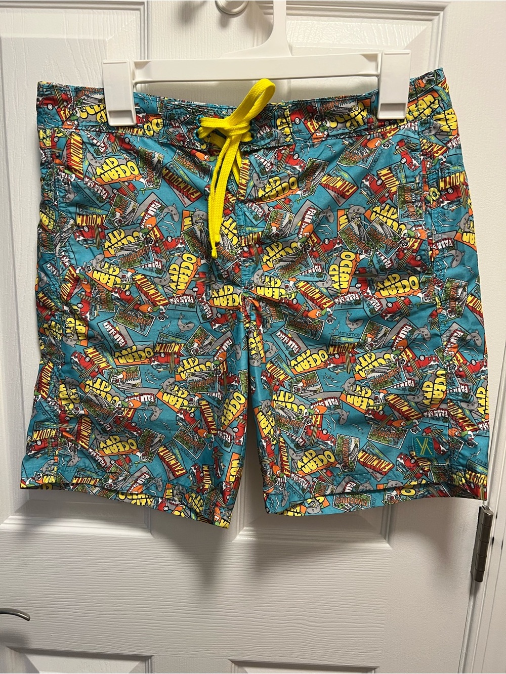 Men's Teal Graphic Swim Trunks with Yellow Drawstring